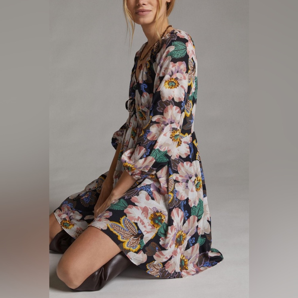 Anthropologie Tiered V Neck Floral Boho Tunic Dress